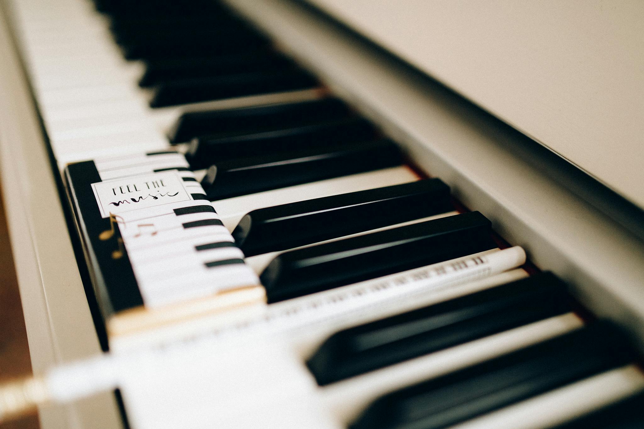 A detailed close-up of piano keys with a pencil featuring a musical design for music lovers.